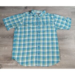 Columbia Teal Plaid Short Sleeve Button Up Shirt Men's‎ Large Vented Mesh